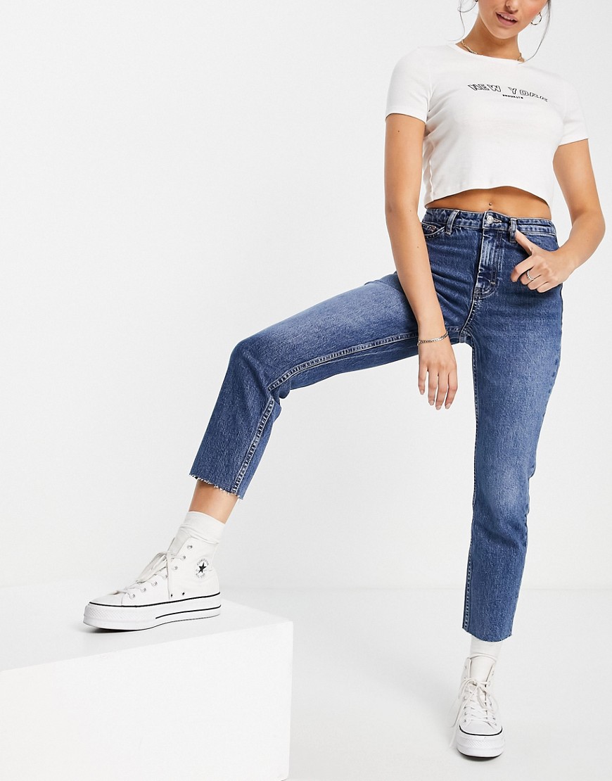 Topshop straight jeans in mid blue-Blues