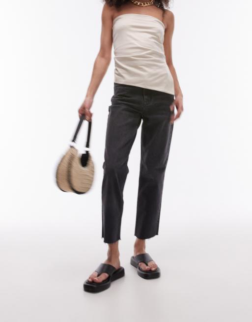 washed black raw hem straight leg jeans