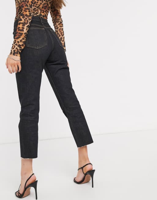 Topshop straight jeans with frayed hem in black