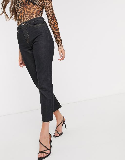 Topshop straight jeans with frayed hem in black