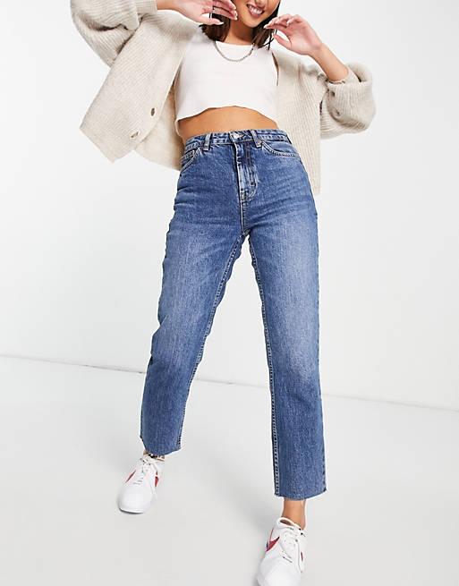 Topshop straight jeans with raw hem in blue