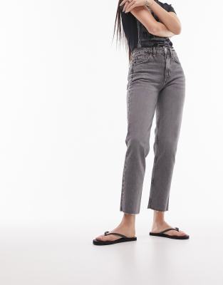 Topshop Straight Jeans With Raw Hem In Gray
