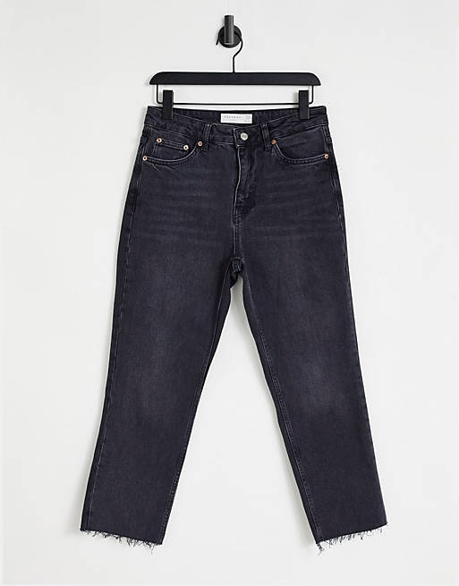 Topshop straight jeans with raw hems in washed black