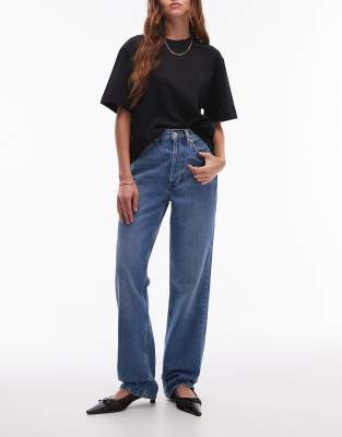 Topshop Straight Kort Jeans In Mid Blue