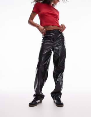 straight leg faux leather pants in black croc