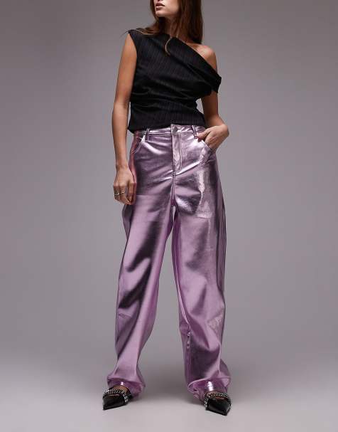 Topshop straight leg faux leather pants in metallic pink - view 1