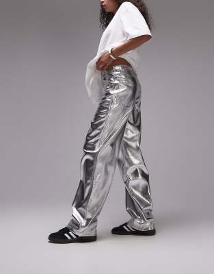 Topshop Straight Leg Faux Leather Pants In Silver