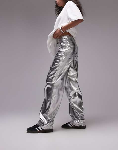 Topshop straight leg faux leather trouser in silver