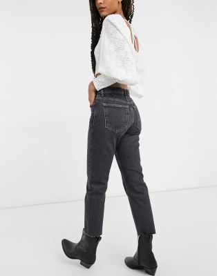 black raw hem straight leg jeans