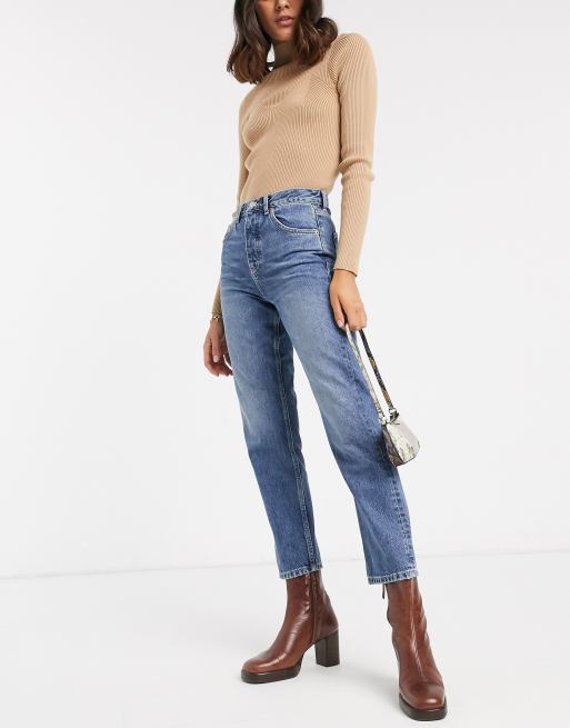 Topshop straight leg jeans in mid blue