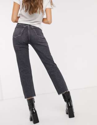black straight leg jeans with white stitching