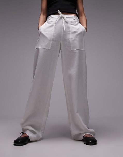 Topshop straight leg linen trouser in white - view 1