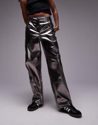 Topshop Straight Leg Metallic Faux Leather Pants In Gunmetal-no Color