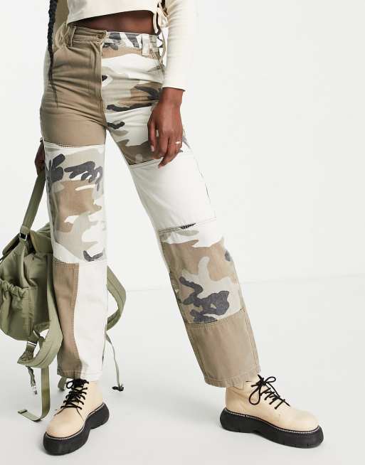 Topshop straight leg patchwork utility pant in camo