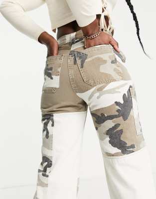 Topshop straight leg patchwork utility pant in camo