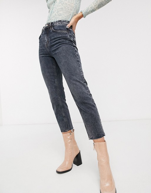 Topshop straight jeans with ripeed hems in dark grey