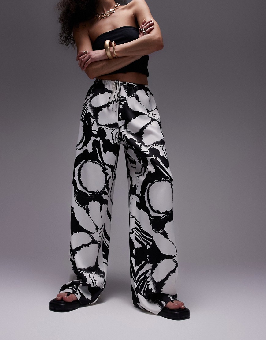 Topshop straight leg satin abstract floral printed trouser in mono-Multi