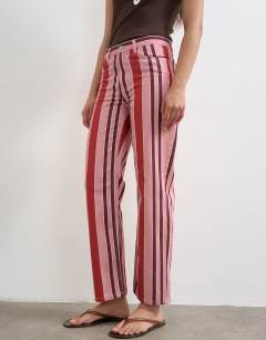 Model wearing Straight leg striped trouser in pink