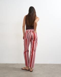 Model wearing Straight leg striped trouser in pink