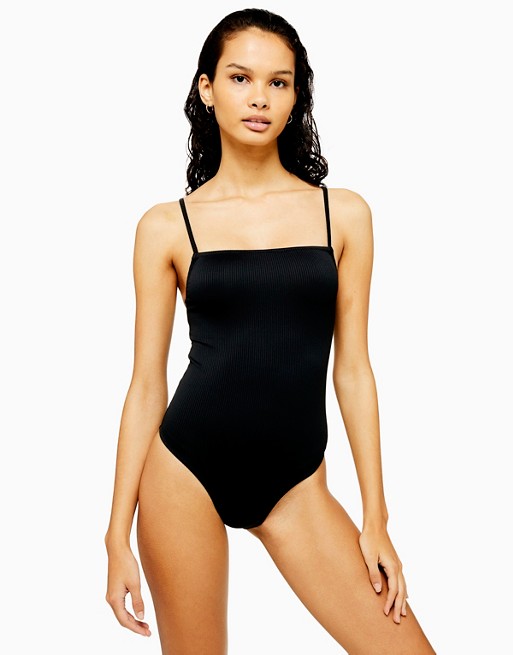 Topshop straight neck swimsuit in black