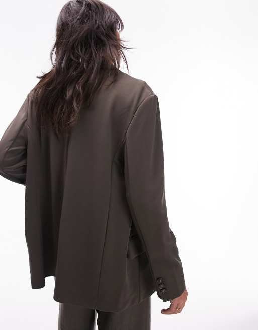 Topshop straight twill jersey blazer in khaki, 4 of 4