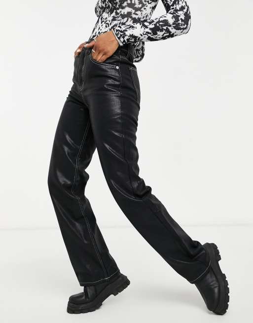 Black Coated Denim Stitch Straight Leg Jeans