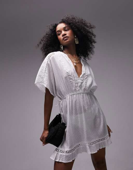 Topshop - Strand-coverup i hvidt dobbymateriale med broderi