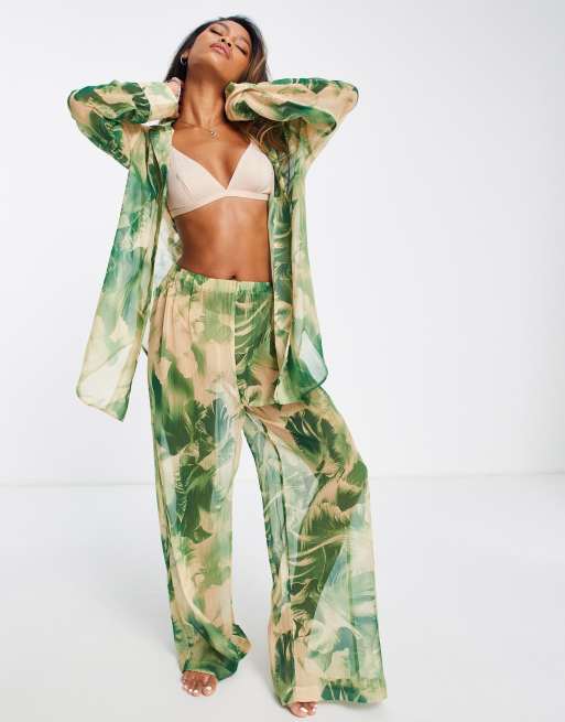 Topshop - Strandoverhemd van chiffon met palmprint in multi, deel van co-ord set