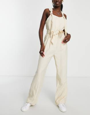 Topshop Topshop strap detail jumpsuit in cream-Neutral