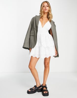 Topshop Strappy Babydoll Tiered Broderie Mini Dress In White
