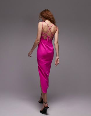 Topshop Strappy Back Detail Slip Midi Dress In Hot Pink