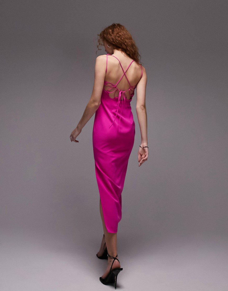 Topshop strappy back detail slip midi dress in hot pink