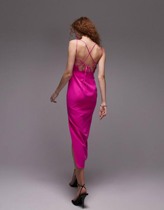 Topshop - strappy back detail slip midi dress in hot pink