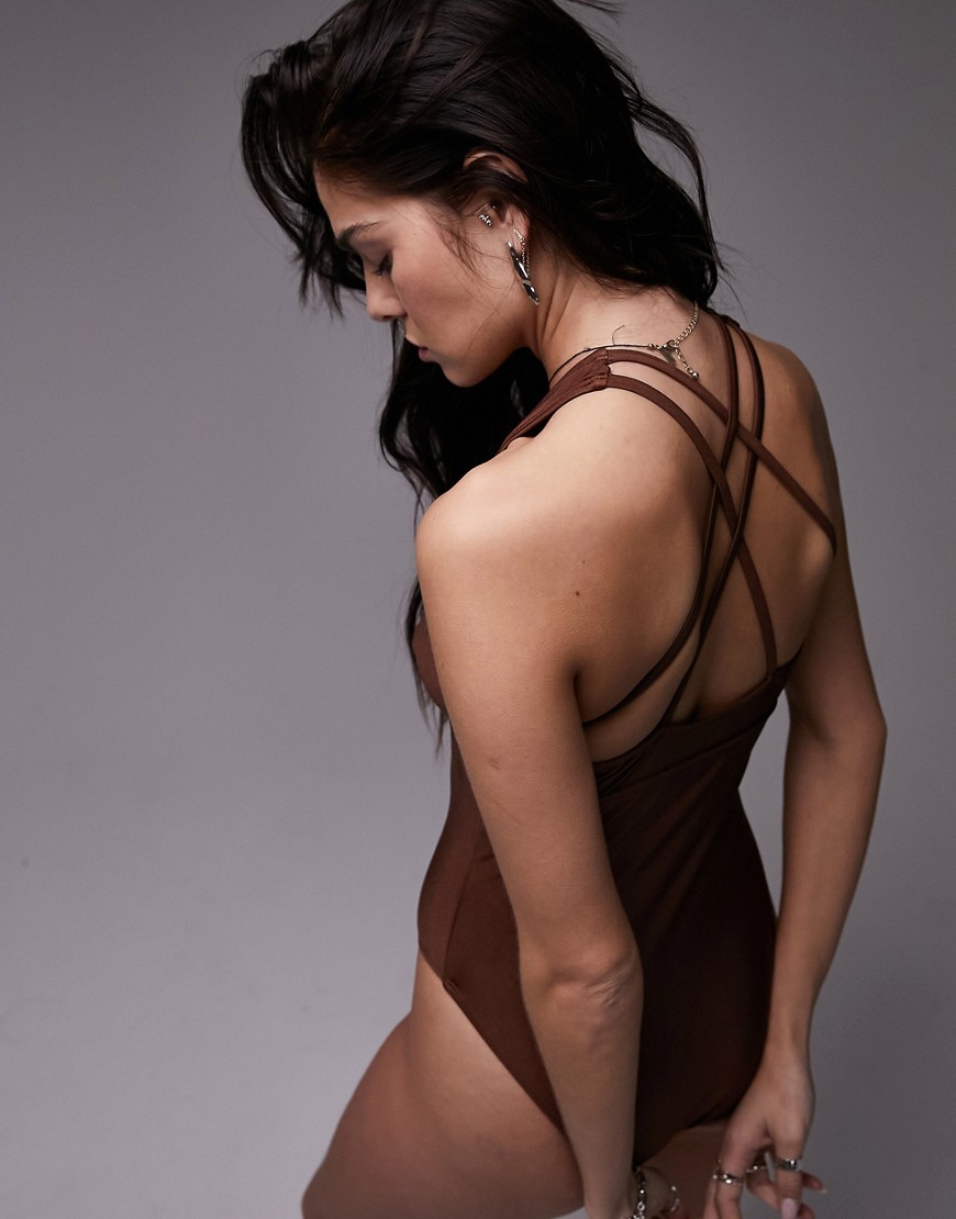 Topshop strappy back plunge swimsuit in chocolate-Brown