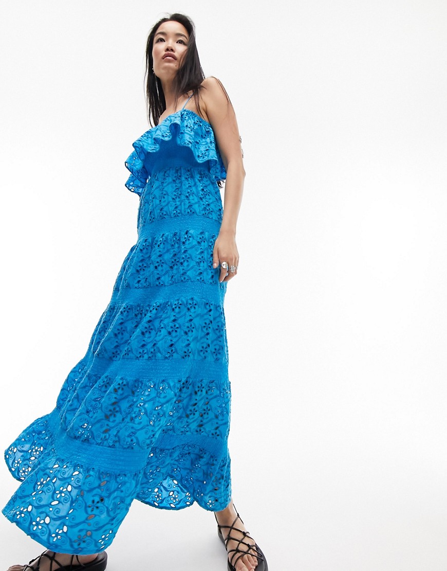 Topshop strappy broderie maxi dress with frill neck in blue