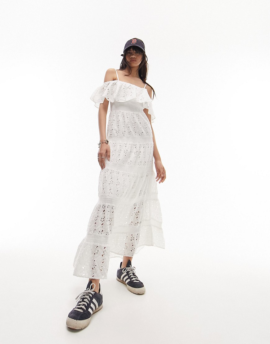 Topshop strappy broderie maxi dress with frill neck in ivory-White