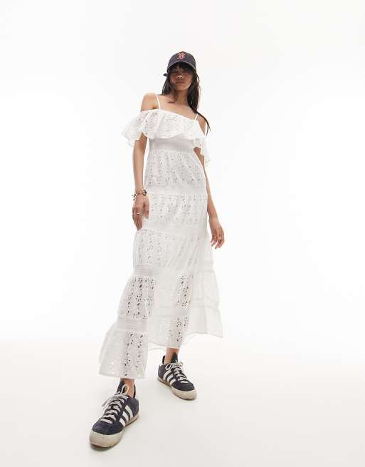 Topshop strappy broderie maxi dress weather with frill neck in ivory