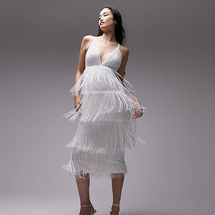 Topshop strappy embellished fringe and beaded mix midi dress in