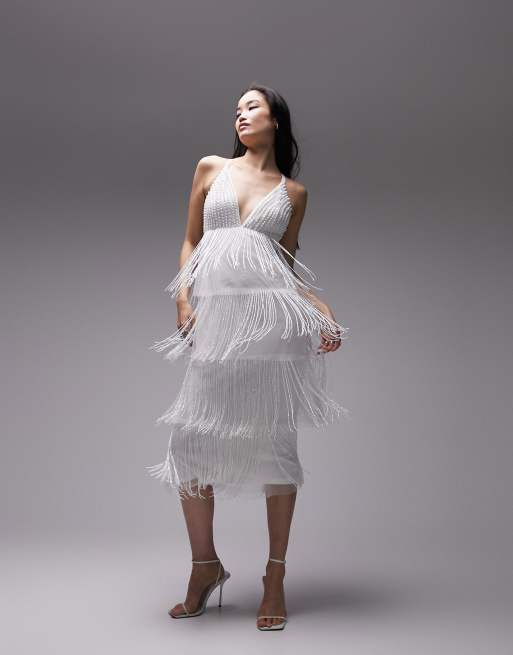 Topshop strappy embellished fringe and beaded mix midi dress in