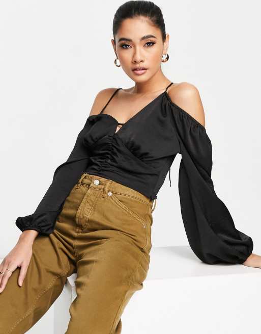 Topshop strappy gathered long sleeve top in black | ASOS