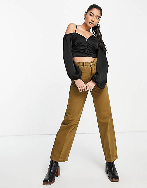 Women Shirts & Blouses/Topshop strappy gathered long sleeve top in black 