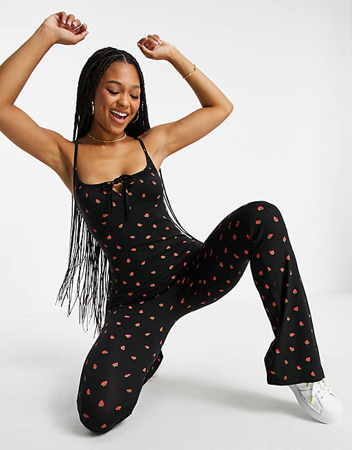 Topshop strappy jumpsuit in strawberry print