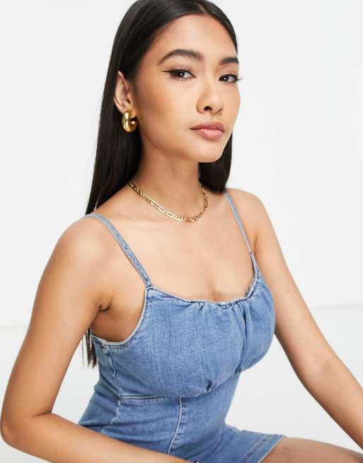 Topshop strappy milkmaid denim dress in mid blue