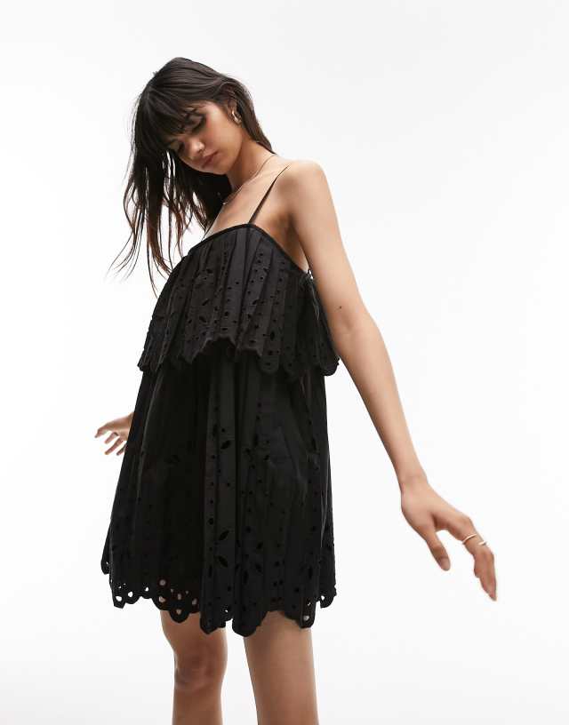 Topshop - strappy pleated broderie mini dress in black