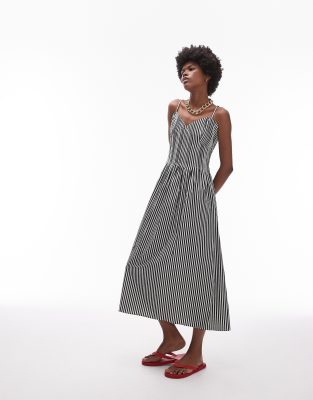 Topshop strappy pleated midi sundress in mono stripe-Multi