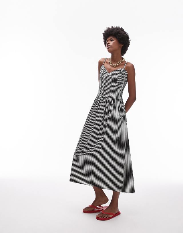 Topshop - strappy pleated midi sundress in mono stripe