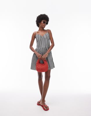 strappy pleated mini sundress in black and white stripe-Multi