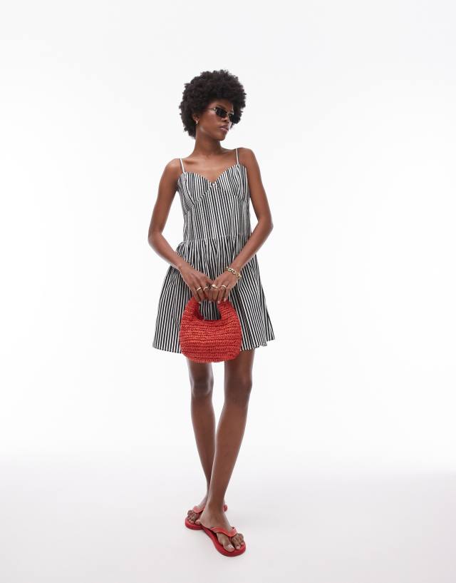 Topshop - strappy pleated mini sundress in mono stripe