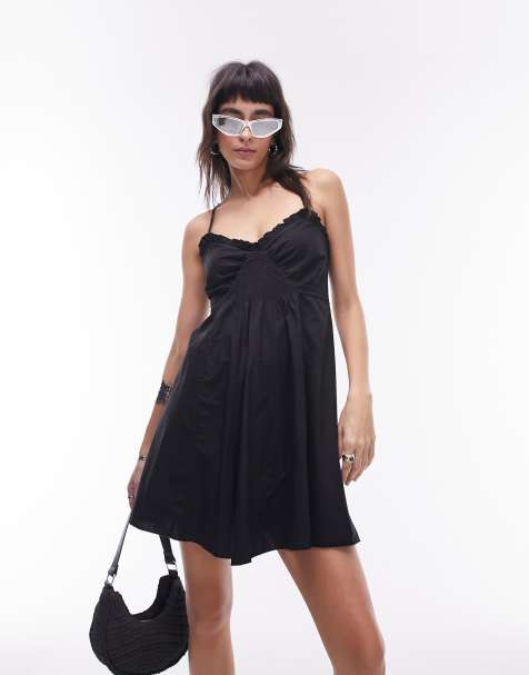 Topshop strappy ruched waist mini flippy dress in black