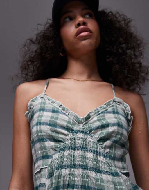 Topshop strappy ruched waist mini flippy dress in mint check, 2 of 4
